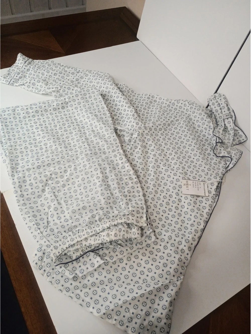 White patterned pajama set with contrast piping